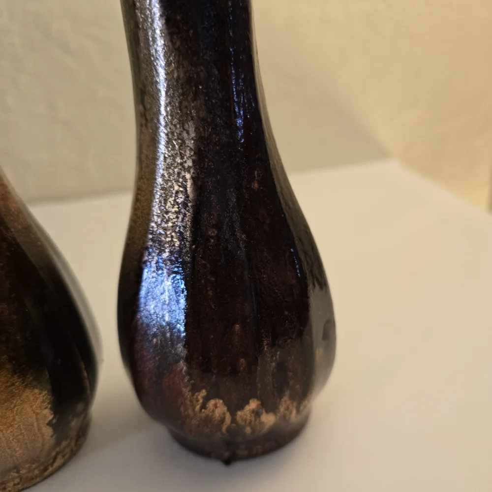 2 HANDCRAFTED Upcycled Glass Vases Brown & Copper HANDPAINTED Tabletop Art Decor